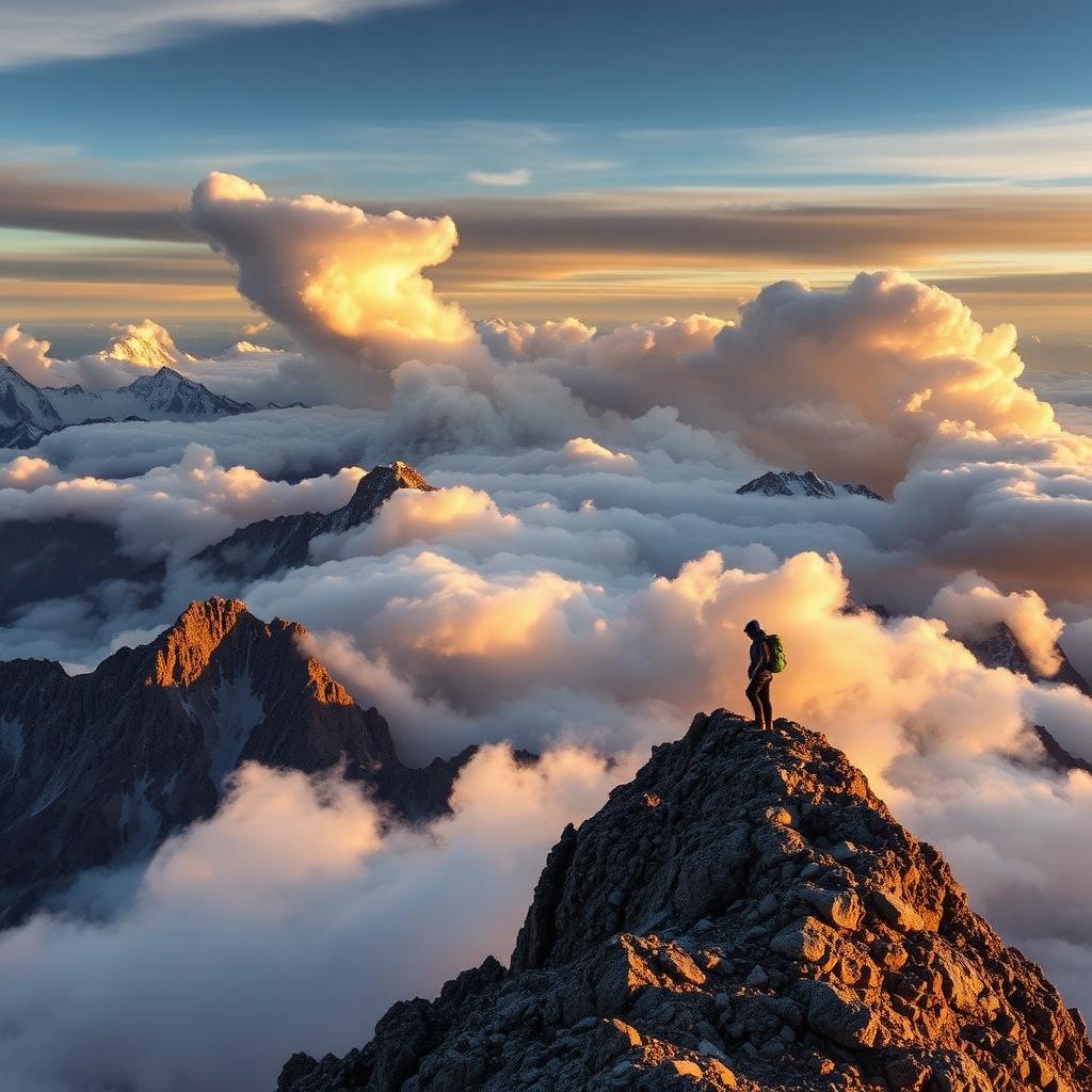 Turysta na szczycie Rysów o wschodzie słońca z widokiem na Tatry Wysokie