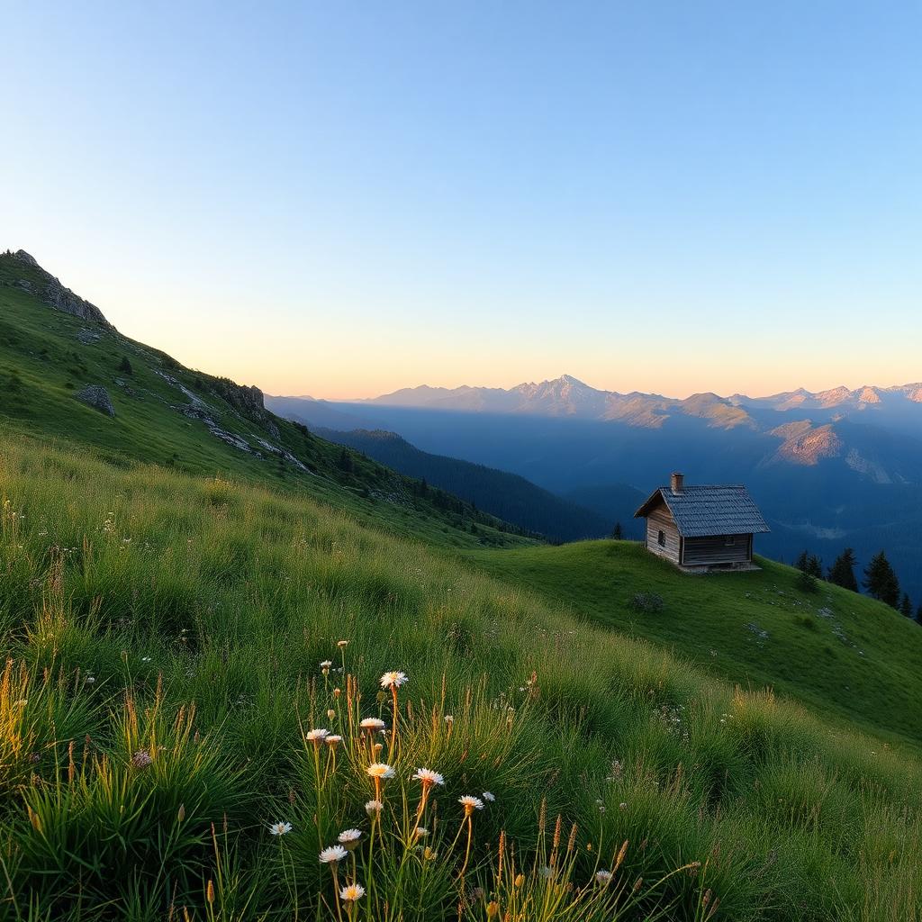 Chatka Puchatka na Połoninie Wetlińskiej o świcie z widokiem na Tatry Ukraińskie